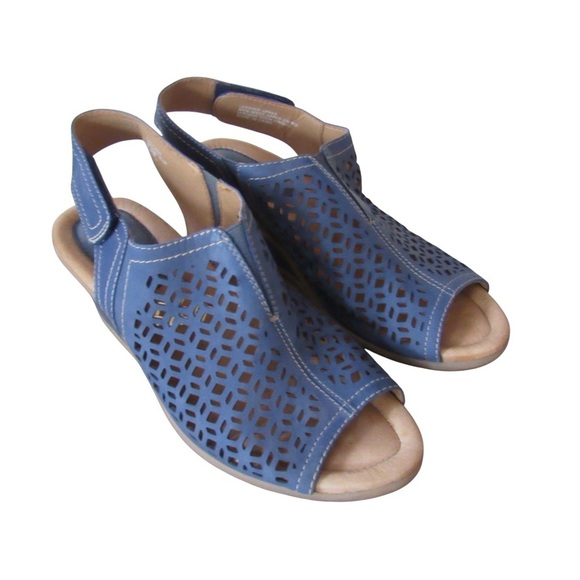 Earth Cascade Indigo Blue Perforated Wedge Sandals Size 9.5 Leather Open Toe - Picture 7 of 10